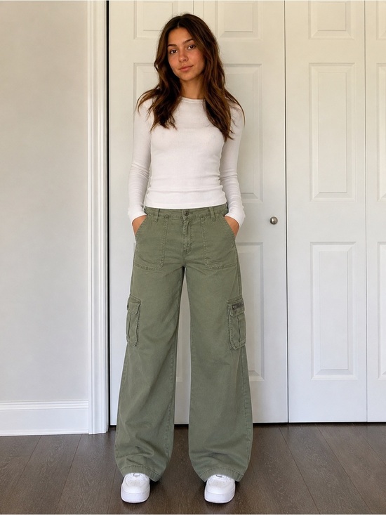 Celebrity Pink Pants - Y2K Sage Green Wide Leg Cargo Pants Off Duty Model 11/30 Women’s 8-10 Minimalist